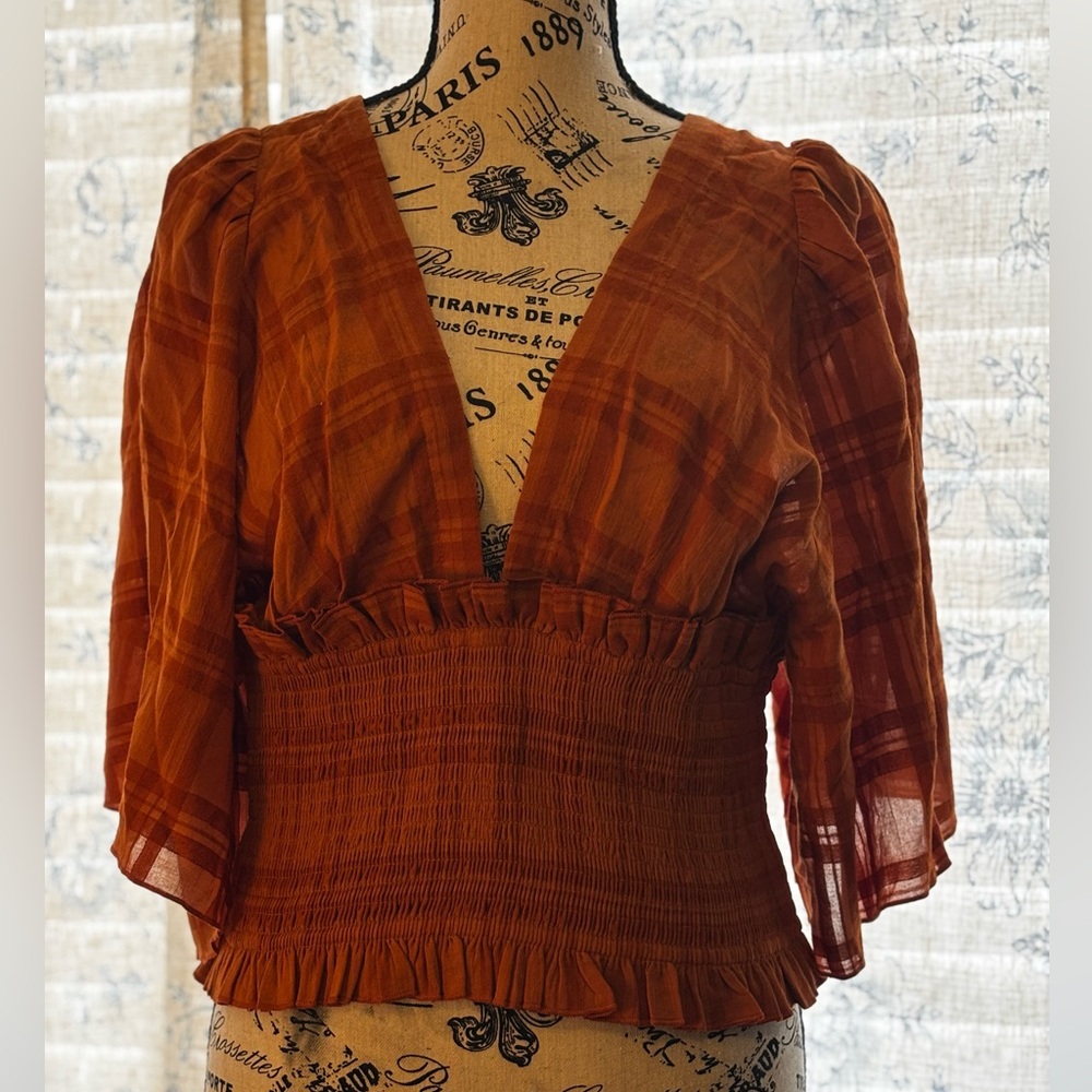 Anthropologie Rust Plaid Smocked Waist Blouse